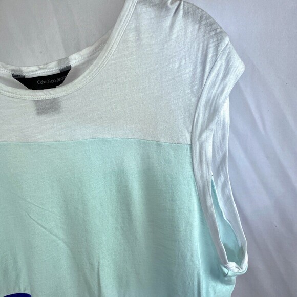 Calvin Klein Jeans White Aqua Blue Colorblock Cap Sleeve Top - Picture 6 of 12